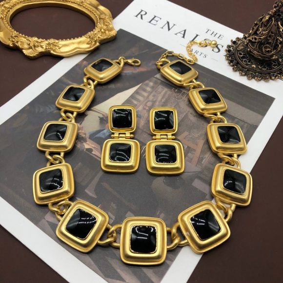 Antique Necklace Earrings Classic Black Enamel Necklace Suit - Image 2