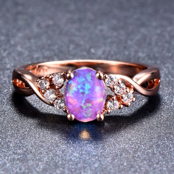 Rose Gold Small Diamond Simple Opal Ring - Image 6