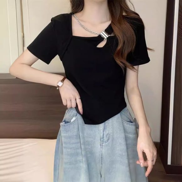 Slim Fit And Thin Cover Belly Hot Girl Irregular Short-sleeved T-shirt For Women - Image 2