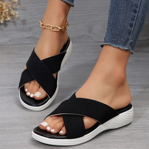 Summer Flat Wedge Peep-toe Slippers Thick Bottom Plus Size Cross Women's Slippers - Image 4