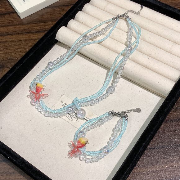 Vintage Goldfish Crystal Bubble Beaded Multi-layer Twin Necklace - Image 7