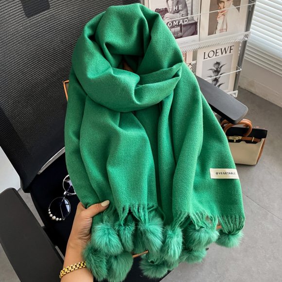 Beige Artificial Cashmere Scarf Fur Ball Winter Warm Tassel Shawl - Image 10