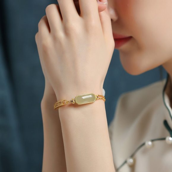 Ancient Ruyi Bracelet Safety-blessing Card 925 Sterling Silver Gold Inlaid With Jade Stone Bracelet