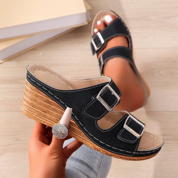 Women's Outer Wedge Belt Buckle Beach Slippers - Image 7