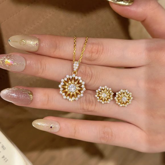 Retro Diamonds Sun Asterism Pendant Compass Earings Set - Image 4