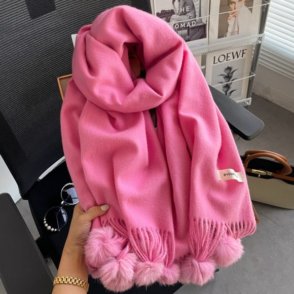 Beige Artificial Cashmere Scarf Fur Ball Winter Warm Tassel Shawl - Image 4