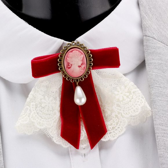 Vintage Handmade Lace Pearl Velvet Sweater Pin Coat Bow Brooch