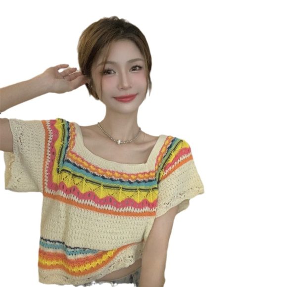 Summer Slim Chic Contrast Color Stripes Square Collar Short Sleeve - Image 5