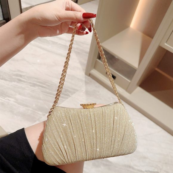 Shiny Pleated Evening Party Dress One Shoulder Prom Bag - Image 5