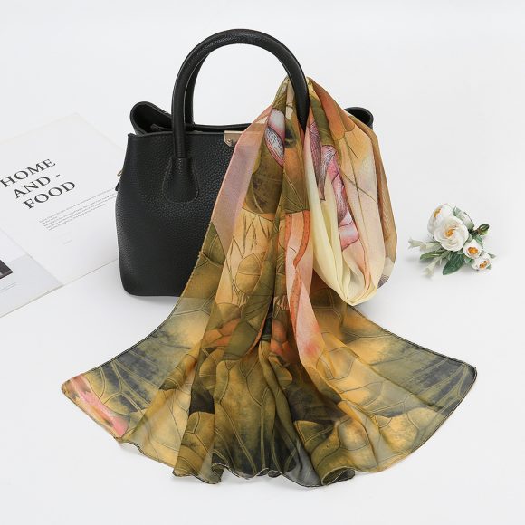 Thin Chiffon Lotus Pond Moonlight Printed Silk Scarf - Image 8