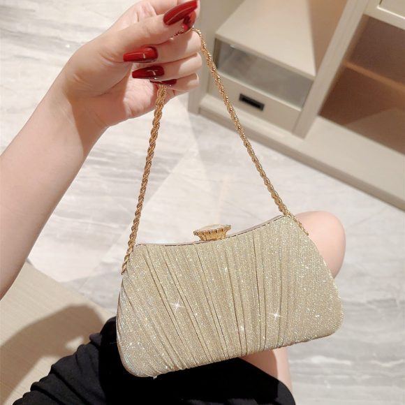 Shiny Pleated Evening Party Dress One Shoulder Prom Bag - Image 3