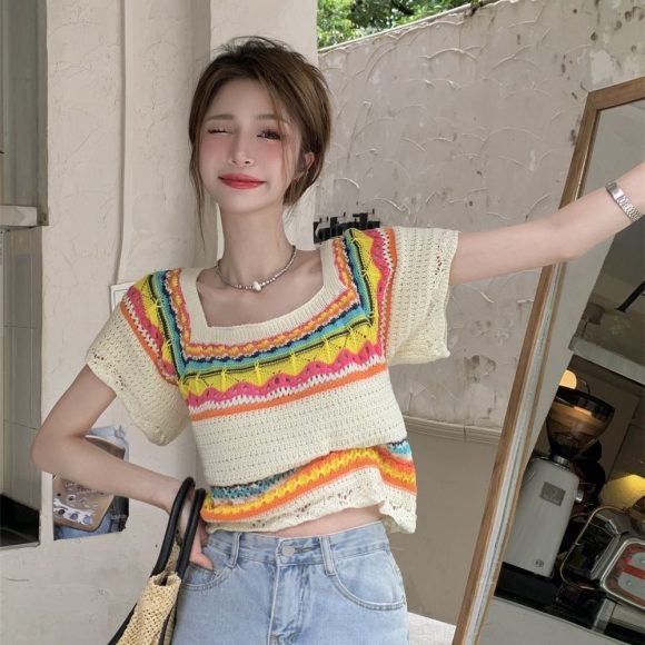 Summer Slim Chic Contrast Color Stripes Square Collar Short Sleeve - Image 4