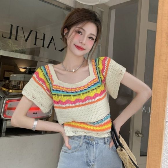 Summer Slim Chic Contrast Color Stripes Square Collar Short Sleeve - Image 6