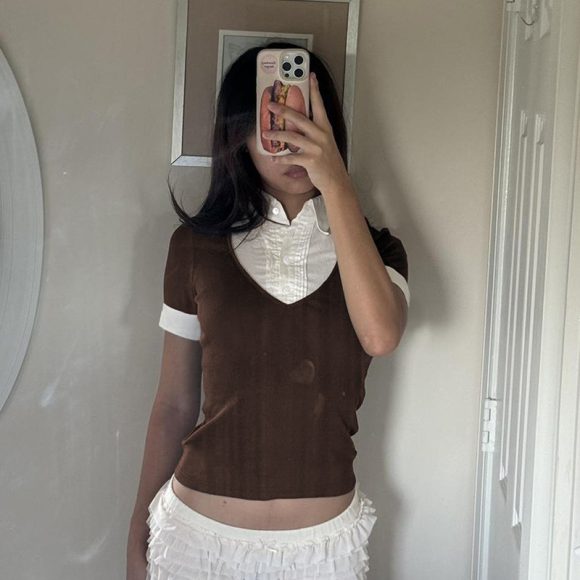 American Retro Polo Collar Stitching Fake Two Pieces Short Sleeve T-shirt For Women - Image 3