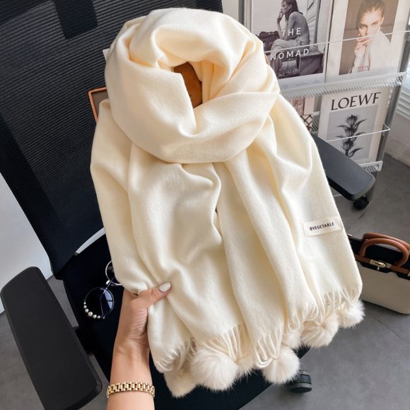 Beige Artificial Cashmere Scarf Fur Ball Winter Warm Tassel Shawl - Image 8
