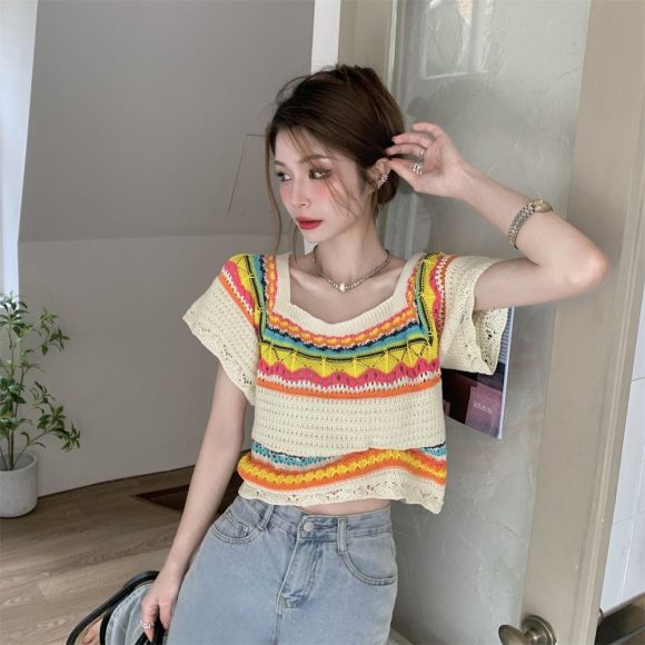 Summer Slim Chic Contrast Color Stripes Square Collar Short Sleeve - Image 2