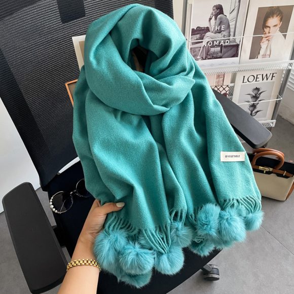 Beige Artificial Cashmere Scarf Fur Ball Winter Warm Tassel Shawl - Image 7