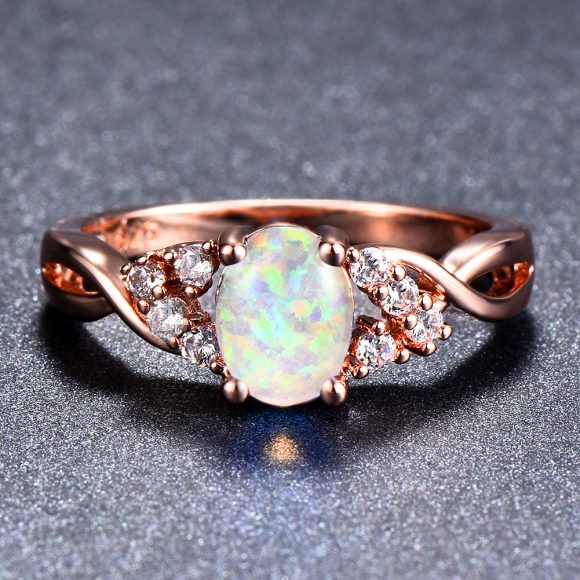 Rose Gold Small Diamond Simple Opal Ring - Image 2