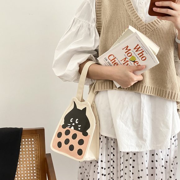 Casual Hand-carrying Cute Kitten Illustration Canvas Bag Female - Image 4