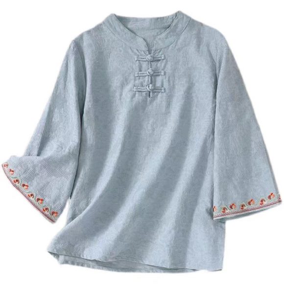Artistic Cotton Linen Jacquard Embroidered Bell Sleeve Shirt - Image 2