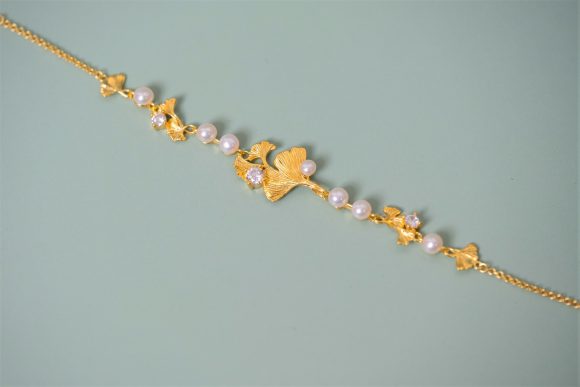 S925 Silver Plated Rhinestone Pearl Ginkgo Bracelet - Image 3