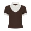 American Retro Polo Collar Stitching Fake Two Pieces Short Sleeve T-shirt For Women - Image 4