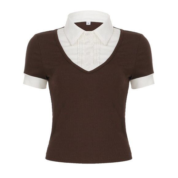 American Retro Polo Collar Stitching Fake Two Pieces Short Sleeve T-shirt For Women - Image 4