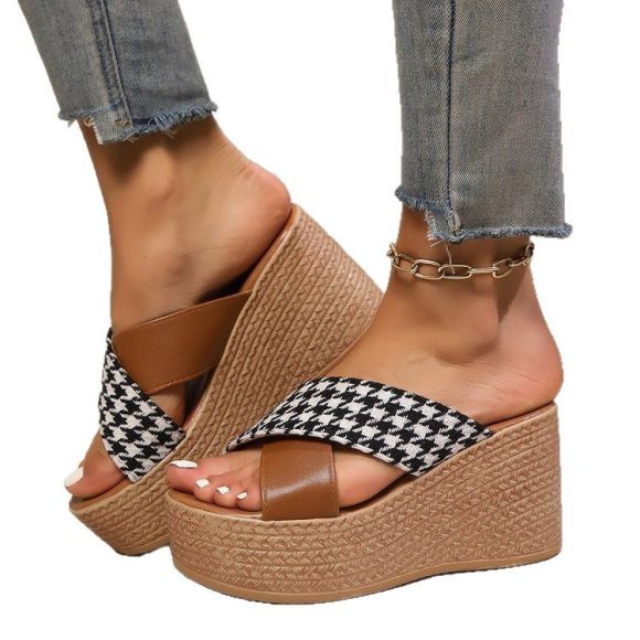Cross Leopard Plaid Wedge Sandals - Image 4