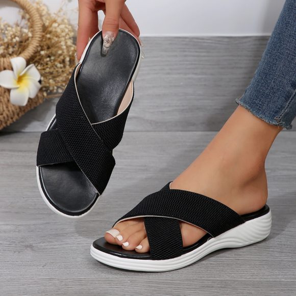 Summer Flat Wedge Peep-toe Slippers Thick Bottom Plus Size Cross Women's Slippers - Image 2