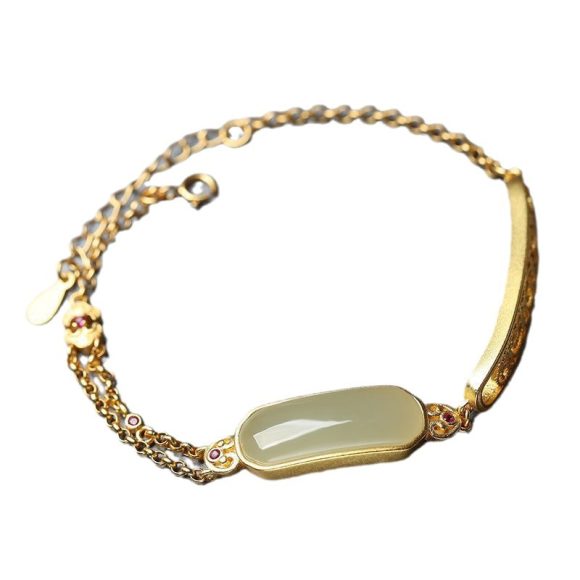 Ancient Ruyi Bracelet Safety-blessing Card 925 Sterling Silver Gold Inlaid With Jade Stone Bracelet - Image 2