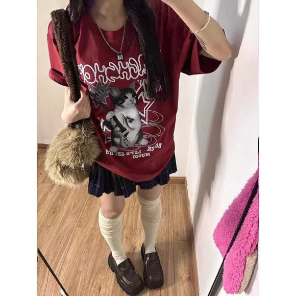 Pure Cotton Japanese Style Alphabet Wine Red Short Sleeve - Image 2