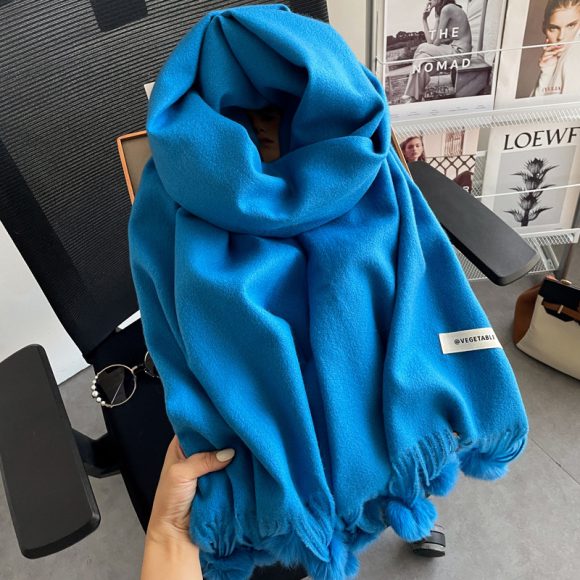 Beige Artificial Cashmere Scarf Fur Ball Winter Warm Tassel Shawl - Image 9