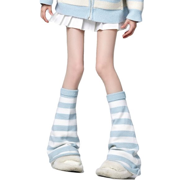 Hot Girl Horn Pile Style White And Blue Striped Leg Warmer Socks - Image 3