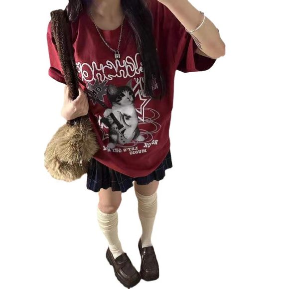 Pure Cotton Japanese Style Alphabet Wine Red Short Sleeve - Image 5