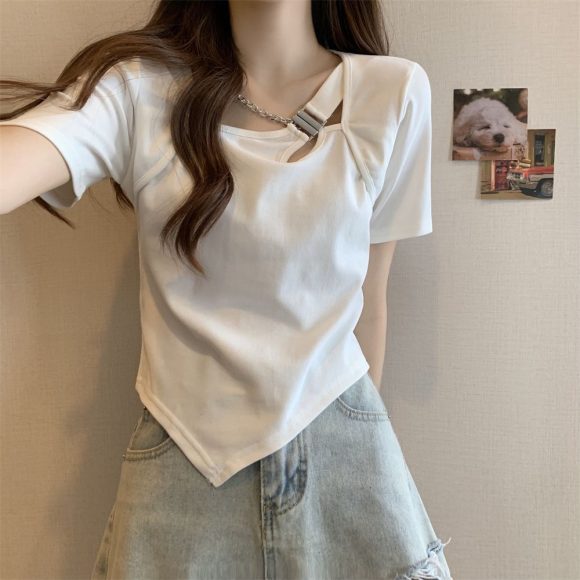 Slim Fit And Thin Cover Belly Hot Girl Irregular Short-sleeved T-shirt For Women - Image 4