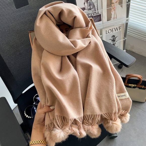 Beige Artificial Cashmere Scarf Fur Ball Winter Warm Tassel Shawl - Image 6