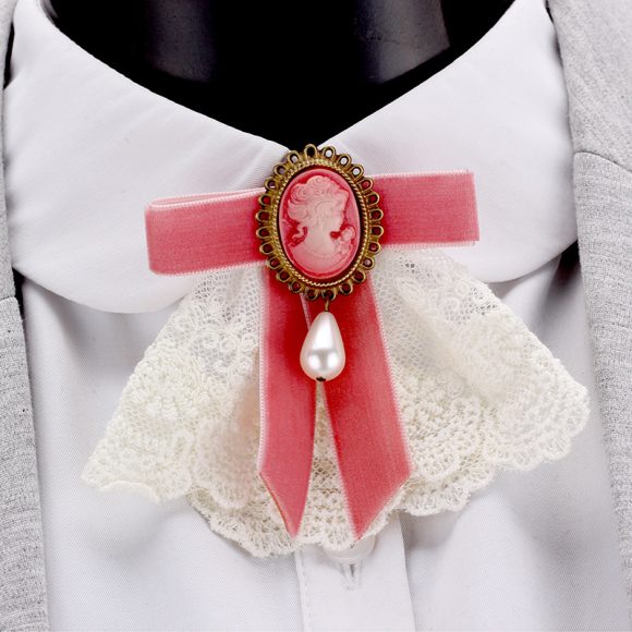 Vintage Handmade Lace Pearl Velvet Sweater Pin Coat Bow Brooch - Image 8