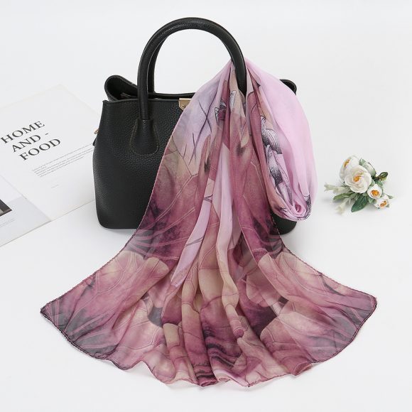 Thin Chiffon Lotus Pond Moonlight Printed Silk Scarf - Image 7