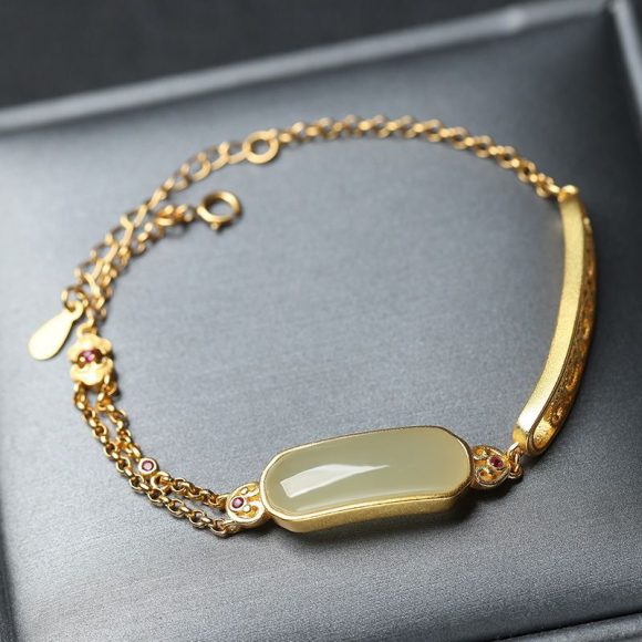 Ancient Ruyi Bracelet Safety-blessing Card 925 Sterling Silver Gold Inlaid With Jade Stone Bracelet - Image 3