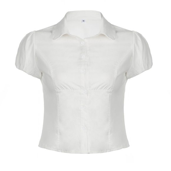 Solid Color Simple Waist Fitted Puff Sleeve Polo Shirt - Image 4