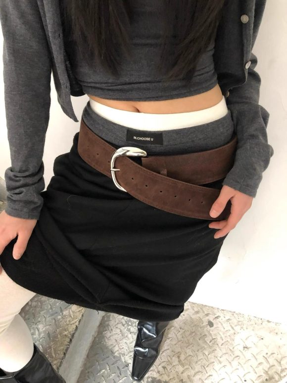 Wide Belt Niche Retro Y2g Hot Girl Suede Frosted Wide-brimmed Belt Silver Buckle - Image 2