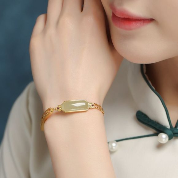 Ancient Ruyi Bracelet Safety-blessing Card 925 Sterling Silver Gold Inlaid With Jade Stone Bracelet - Image 5