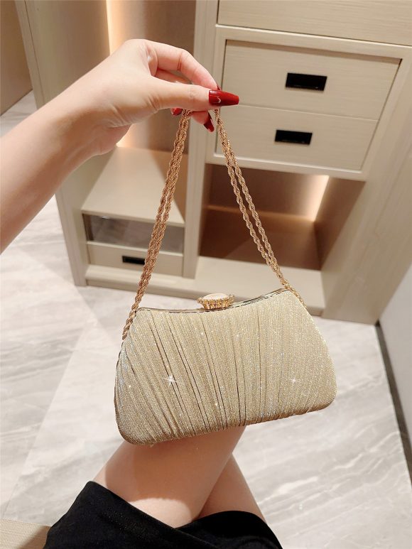 Shiny Pleated Evening Party Dress One Shoulder Prom Bag - Image 4
