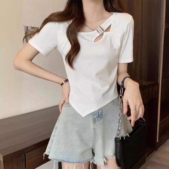 Slim Fit And Thin Cover Belly Hot Girl Irregular Short-sleeved T-shirt For Women - Image 7