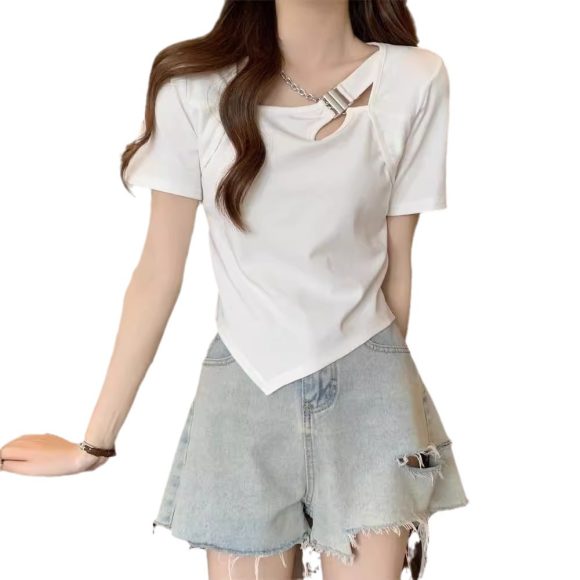 Slim Fit And Thin Cover Belly Hot Girl Irregular Short-sleeved T-shirt For Women - Image 3