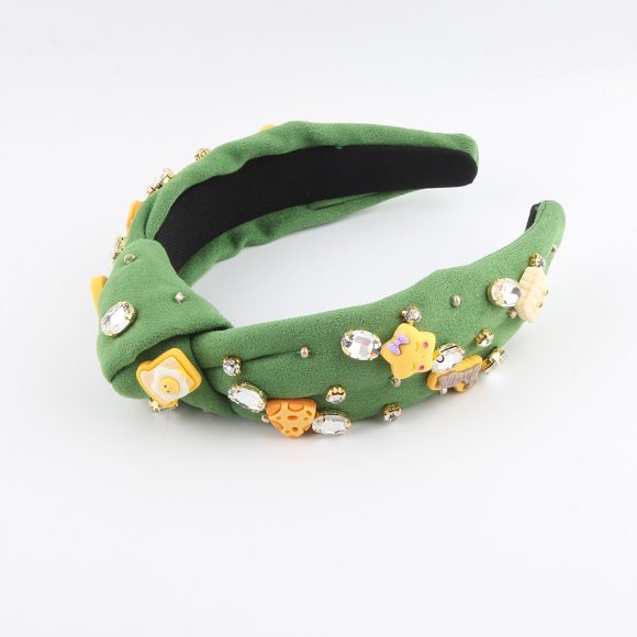 New Fashion European And American Style Green Fabric Knotted Diamond-laid Headband - Image 6