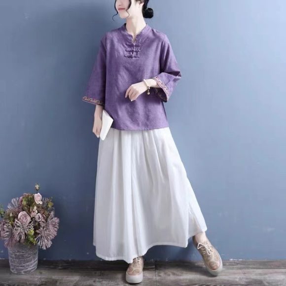 Artistic Cotton Linen Jacquard Embroidered Bell Sleeve Shirt - Image 4