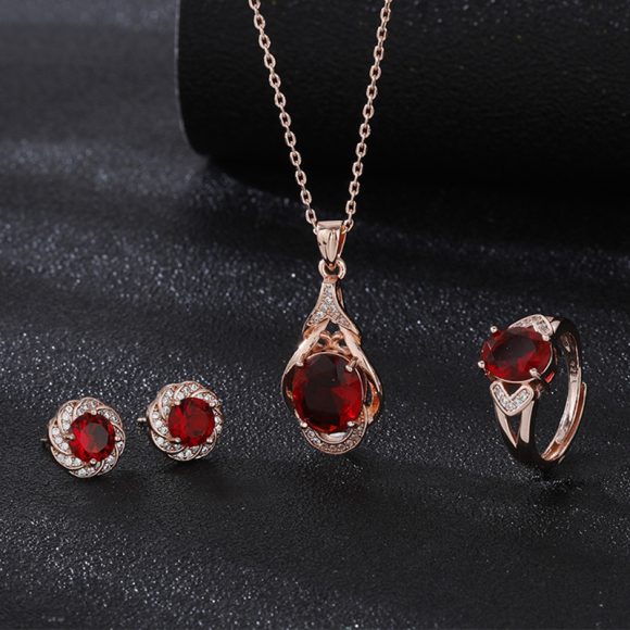 High-grade Ring Necklace Ear Stud Ornament Colored Gems Set Three-piece Set - Image 5