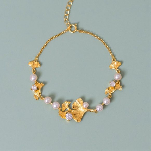 S925 Silver Plated Rhinestone Pearl Ginkgo Bracelet - Image 2