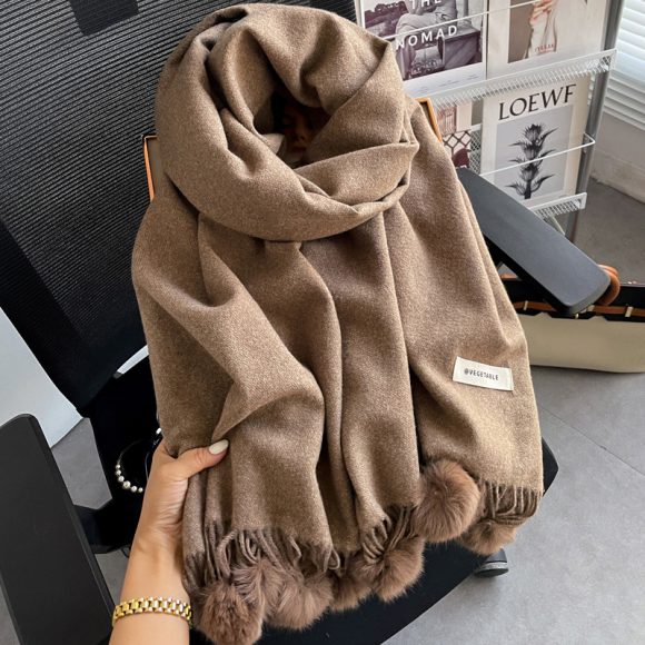 Beige Artificial Cashmere Scarf Fur Ball Winter Warm Tassel Shawl - Image 2